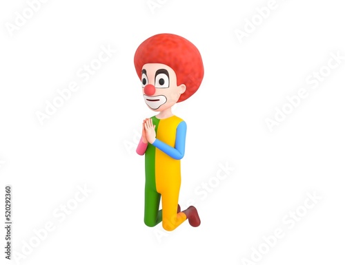 Clown character kneeling and pray in 3d rendering.