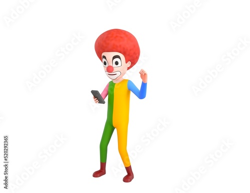 Clown character looking his phone and doing winner gesture with fists up in 3d rendering.