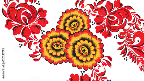 Painting Khokhloma Russia of bright red flowers and berries on white background. Abstract fractal transformation background. Red Khokhloma on a white background