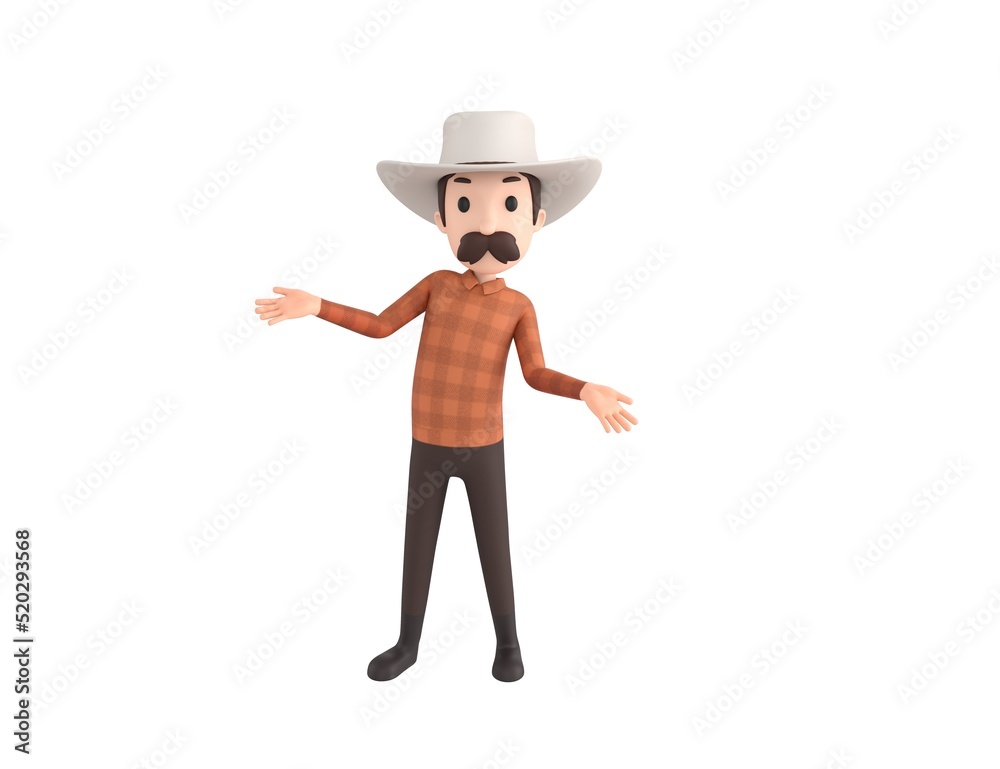 Cow Boy character spreading his hands in 3d rendering.