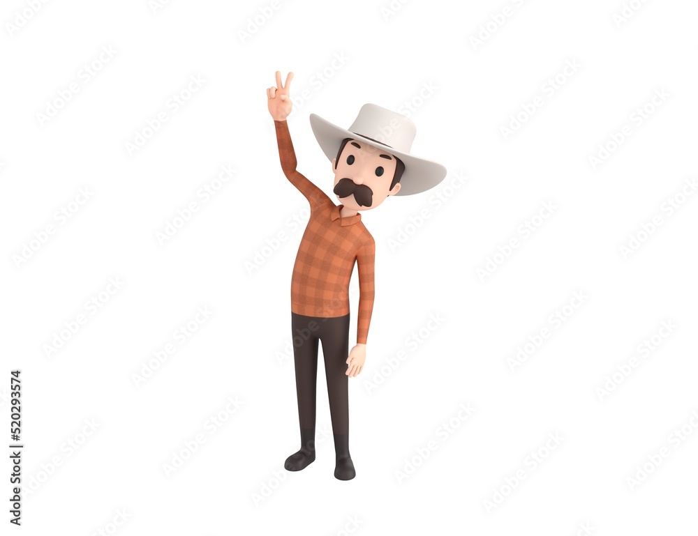 Cow Boy character showing two finger in 3d rendering.
