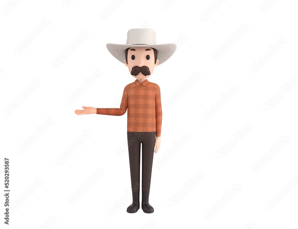 Cow Boy character looking to camera and pointing hand to the side in 3d rendering. Cow Boy character looking to camera and pointing hand to the side in 3d rendering.