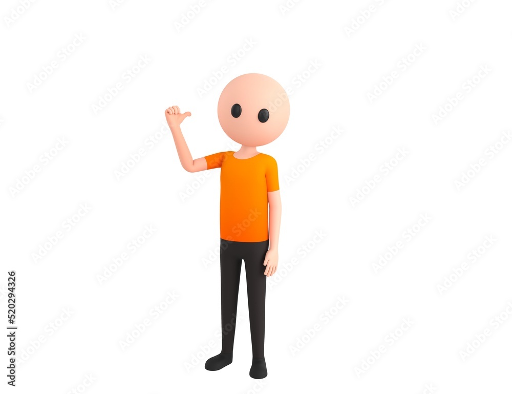 Simple Male character pointing back thumb up empty space in 3d rendering.