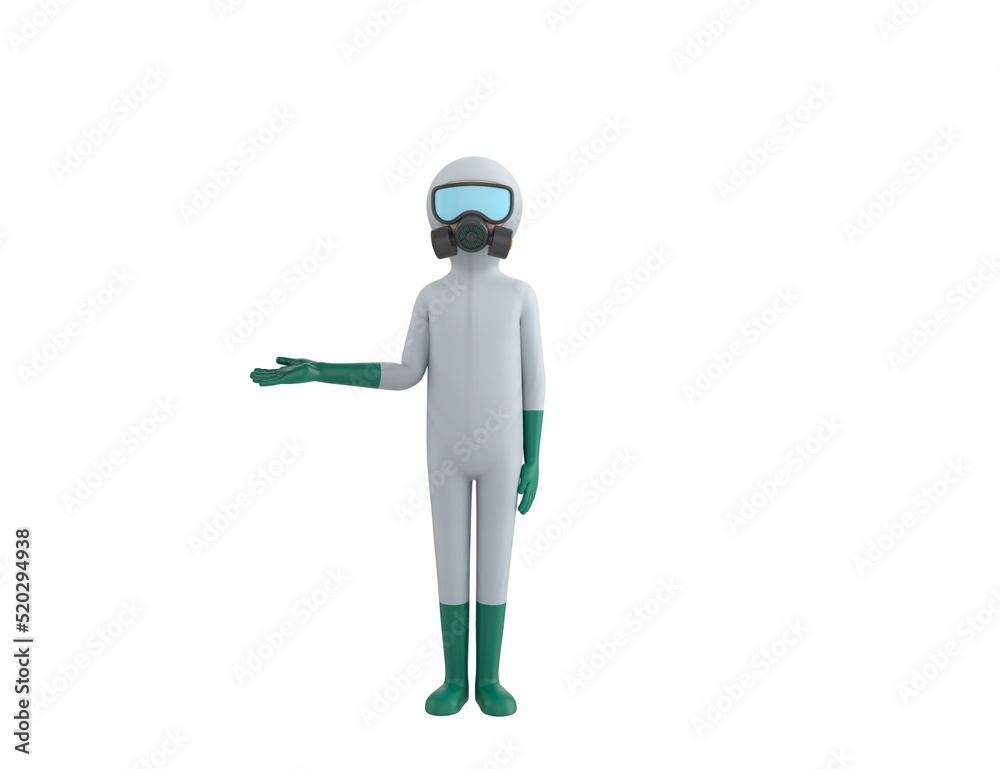 Man in White Hazmat Suit character looking to camera and pointing hand to the side in 3d rendering. Man in White Hazmat Suit character looking to camera and pointing hand to the side in 3d rendering.