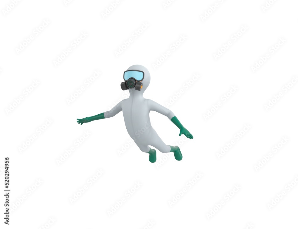 Man in White Hazmat Suit character flying in 3d rendering. Man in White Hazmat Suit character flying in 3d rendering.
