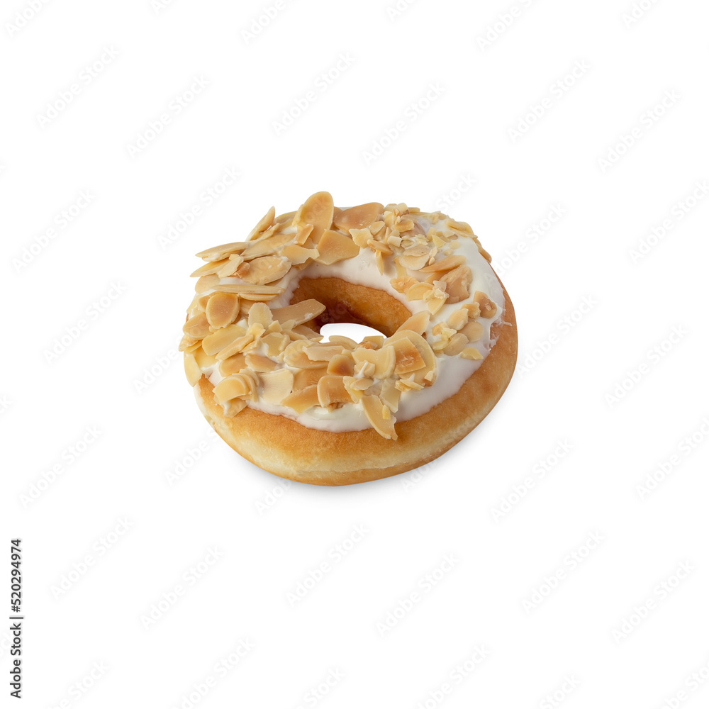 White chocolate almonds donut isolated on white background with clipping path.