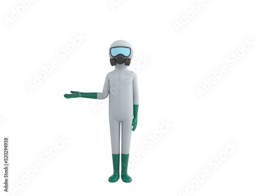 Man in White Hazmat Suit character looking to camera and pointing hand to the side in 3d rendering.