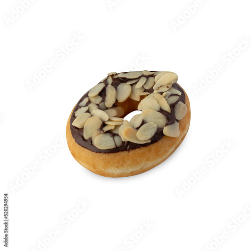 Chocolate almonds donut isolated on white background with clipping path.