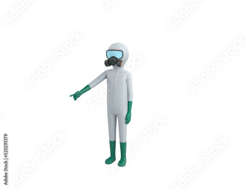 Man in White Hazmat Suit character pointing to the ground in 3d rendering.