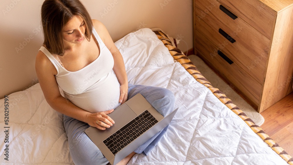 Pregnancy digital laptop. Pregnant woman holding digital computer