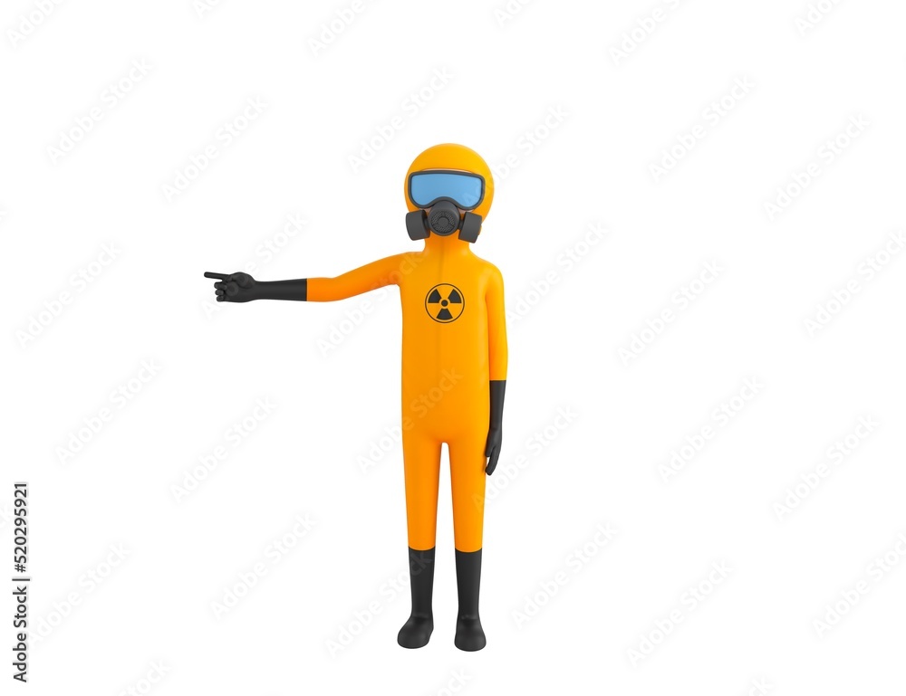 Man in Yellow Hazmat Suit character pointing his finger to the left in 3d rendering. Man in Yellow Hazmat Suit character pointing his finger to the left in 3d rendering.