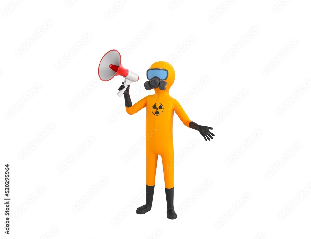 Man in Yellow Hazmat Suit character talking in megaphone in 3d rendering. Man in Yellow Hazmat Suit character talking in megaphone in 3d rendering.