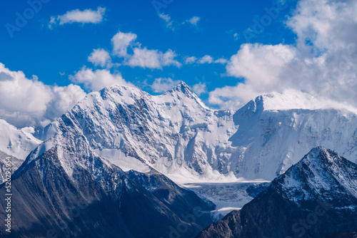 Picturesque mountain valley scenic view. Marvelous mountain range. Altai mountains. Belukha Mountain wall view. Akkem glacier
