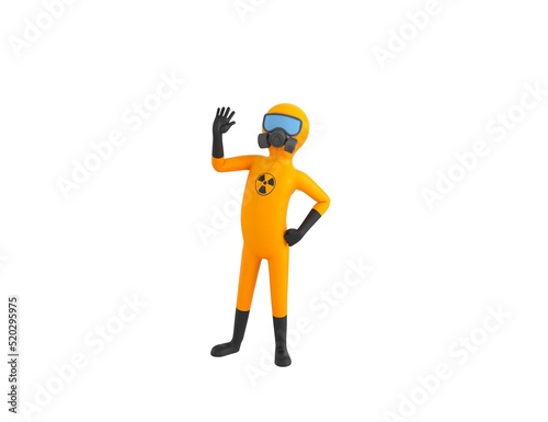 Man in Yellow Hazmat Suit character greeting in 3d rendering.