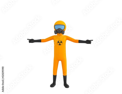 Man in Yellow Hazmat Suit character pointing finger two side in 3d rendering. © Baria