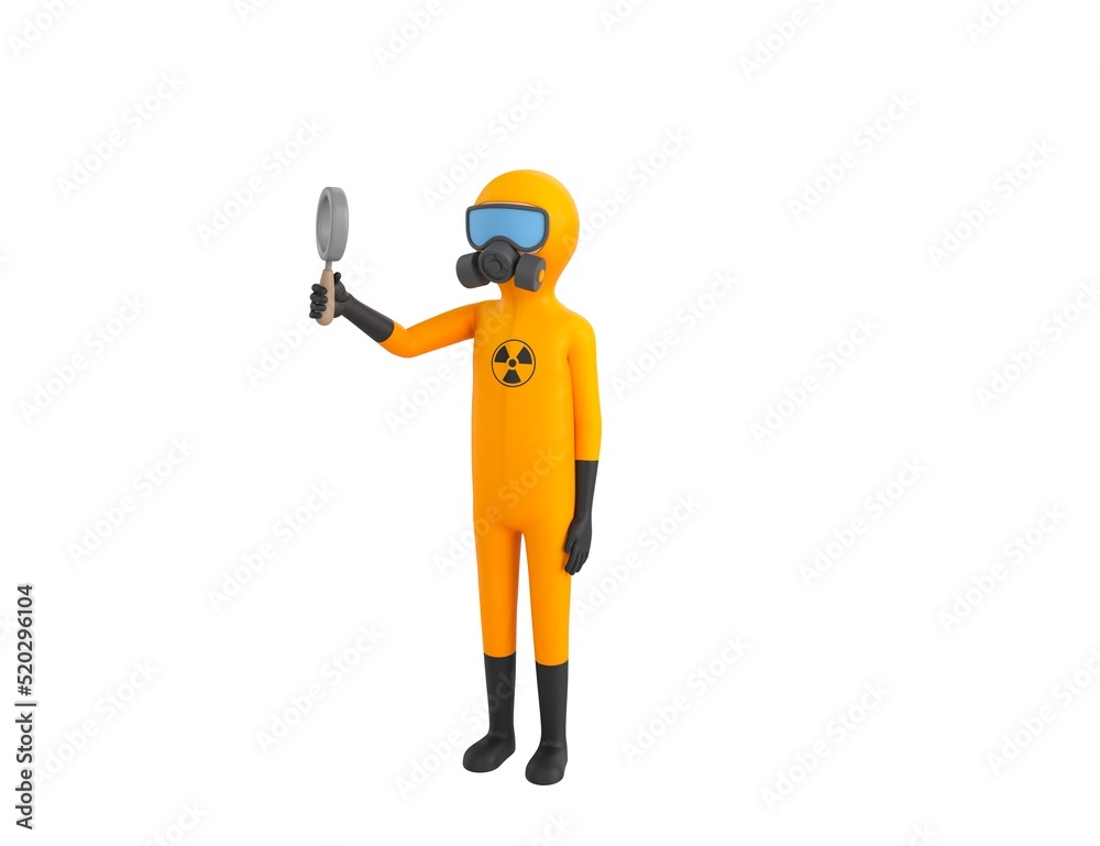 Man in Yellow Hazmat Suit character holding magnifying glass in 3d rendering. Man in Yellow Hazmat Suit character holding magnifying glass in 3d rendering.