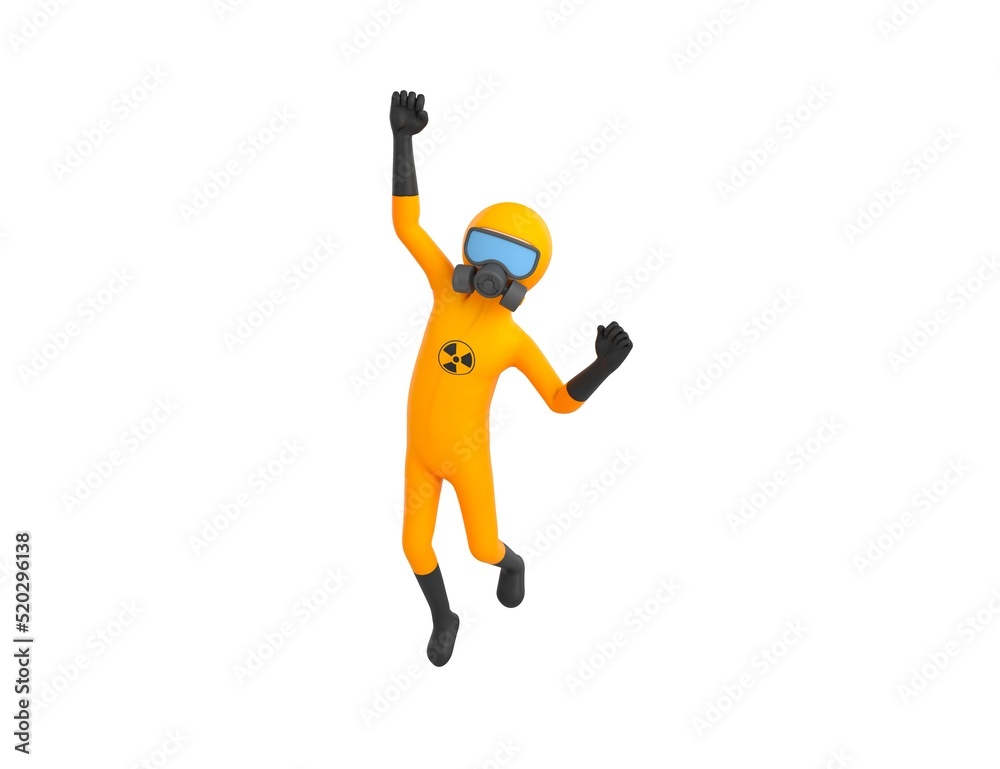 Man in Yellow Hazmat Suit character Jumping with smile on face doing winner gesture with fists up in 3d rendering.