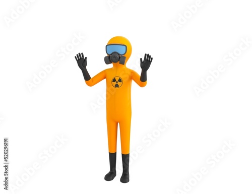 Man in Yellow Hazmat Suit character raising hands and showing palms in surrender gesture in 3d rendering.