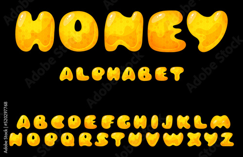 Honey sweet font. Liquid honey cartoon alphabet, Yellow honeycomb vector font.