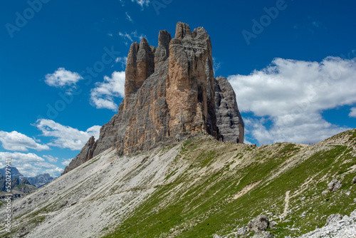 The Tre Cime di Lavaredo ( the Drei Zinnen) in the summer. Sexten Dolomites. Italy. photo