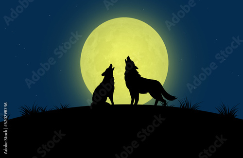 Two wolves howl at the big moon on Halloween night.
