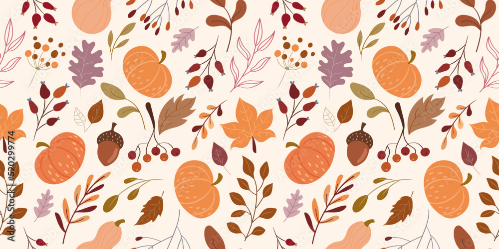 Autumn seamless pattern with pumpkins, plants, leaves, acorns