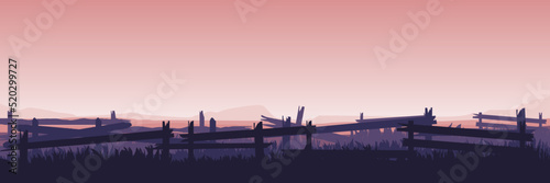 countryside landscape with wooden fence silhouette vector illustration good for wallpaper, background, backdrop design, and design template