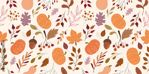 Autumn seamless pattern with pumpkins, plants, leaves, acorns