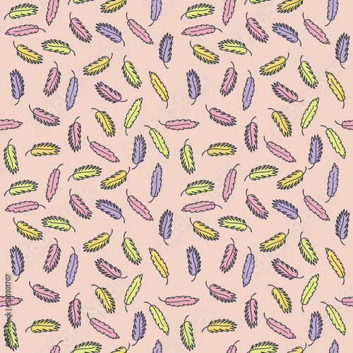 Vintage seamless pattern with doodle feathers. Simple aesthetic print for T-shirt, paper, fabric and stationery. Hand drawn illustration for decor and design.