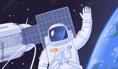 Astronaut and spacewalk. A man in a spacesuit greets against the backdrop of a spaceship and the planet Earth. Space conquest.