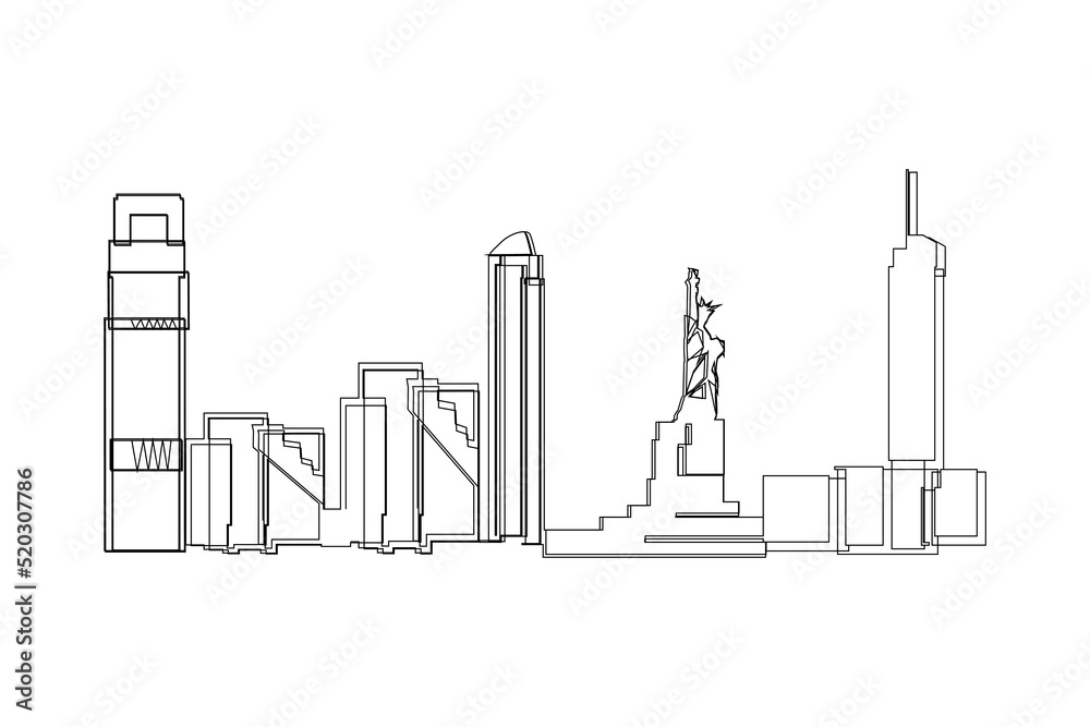 New York of USA skyline drawing. Vector illustration of landmarks and city for printing or travel advertising concept.