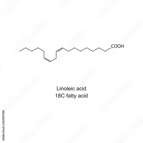 Linoleic acid (18 carbon fatty acid) chemical structure on white background.