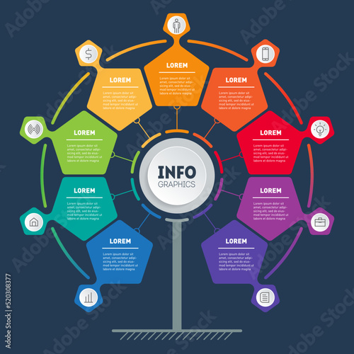 Business presentation concept with 9 steps. Template of tree, info chart or diagram. Vector infographic of technology service or education process with 9 points.