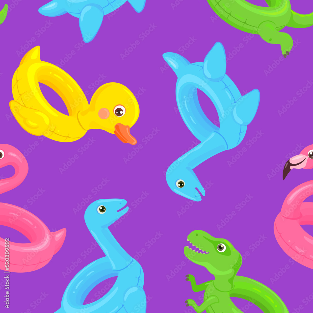 Inflatable floats seamless pattern. Vector cartoon flat summer icons on purple background. Swimming pool toy.	Cute illustration of plesiosaur, t-rex, flamingo and duck.