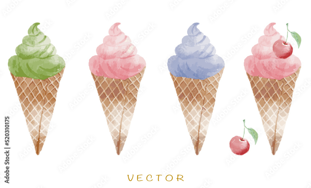 Vector watercolor ice cream cone,cherries ice cream,macha and blueberry 