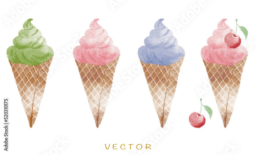 Vector watercolor ice cream cone,cherries ice cream,macha and blueberry 