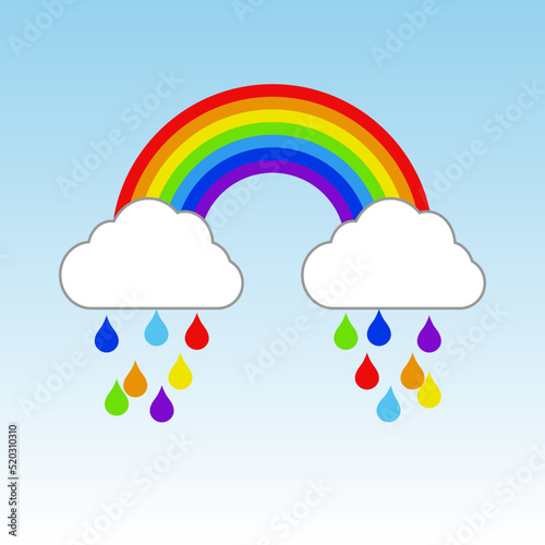 Rainbow and rain clouds with raindrops in rainbow colors. Design for children's playroom.