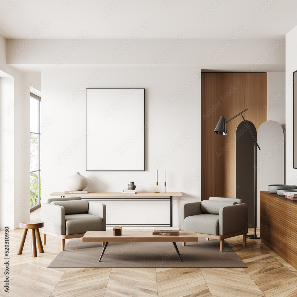 Light interior with two chairs and drawer, decoration and mockup frame Light interior with two chairs and drawer, decoration and mockup frame