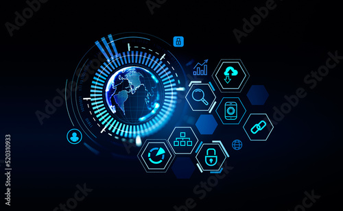 Earth sphere and digital icons, metaverse and global connection