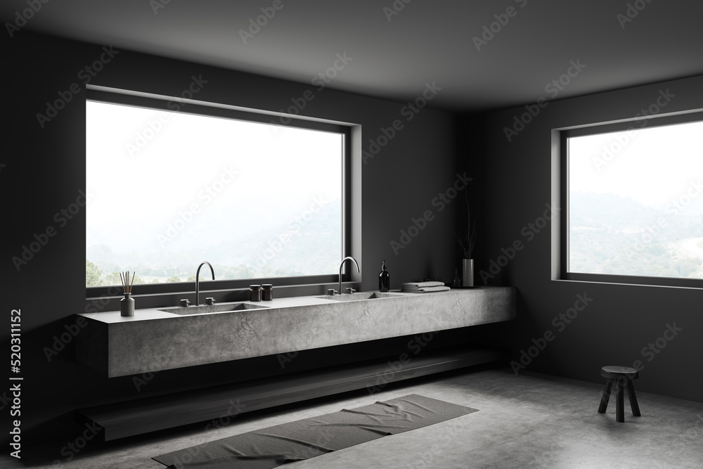 Fototapeta premium Grey bathroom interior with sink and panoramic window, accessories on deck