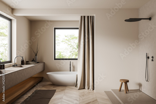 Light bathroom interior with tub  douche and sink near panoramic window