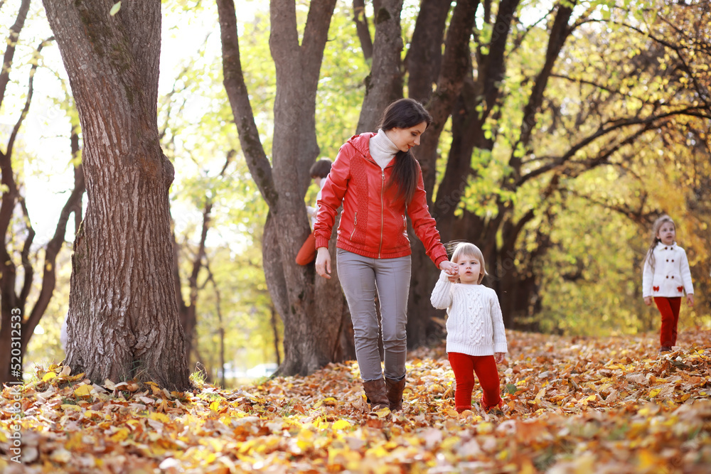 Young family on a walk in the autumn park on a sunny day. Happiness to be together. Young family on a walk in the autumn park on a sunny day. Happiness to be together.