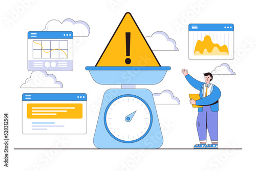 Risk assessment, analysis potential danger levels, calculate amount money loss acceptable for investment, control or limit loss concepts. Businessman investor measure hazard sign with scale weight