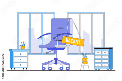 Labor shortage, need worker, not enough skill staff to fill job vacancy, help wanted, employment demand, business hiring and recruiting concepts. Workplace, workspace and office chair with sign vacant photo