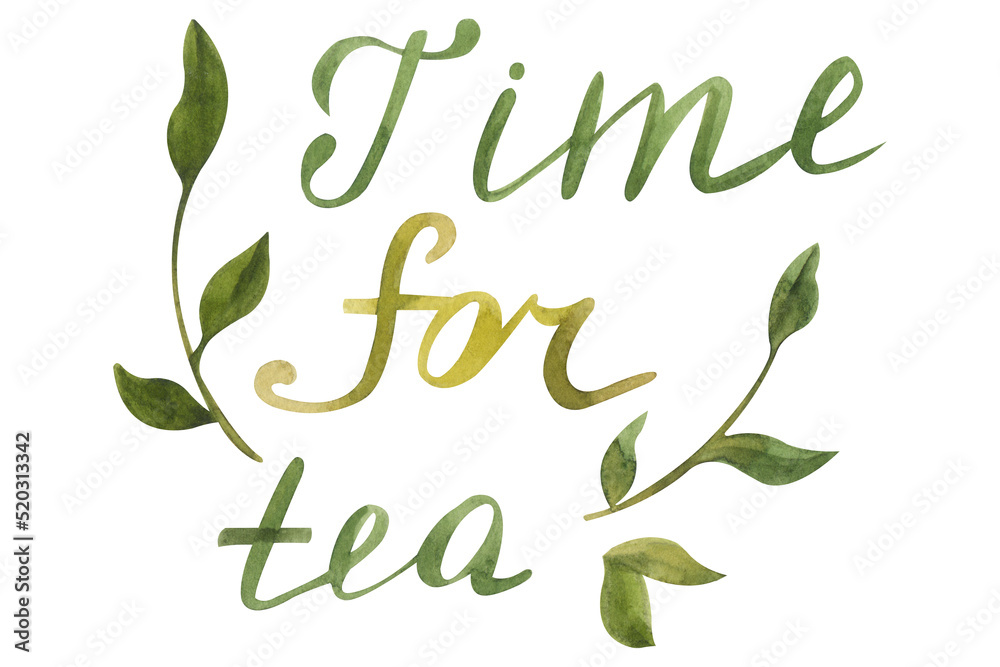 Obraz premium Watercolor phrase time for tea. Hand-painted illustration.