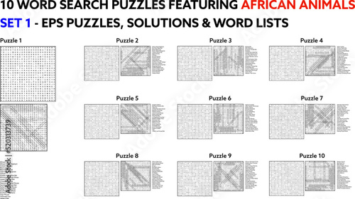 10 Word Search Puzzles Featuring African Animals