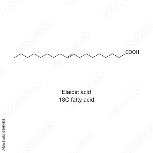 Elaidic acid (18 carbon fatty acid) chemical structure on white background.