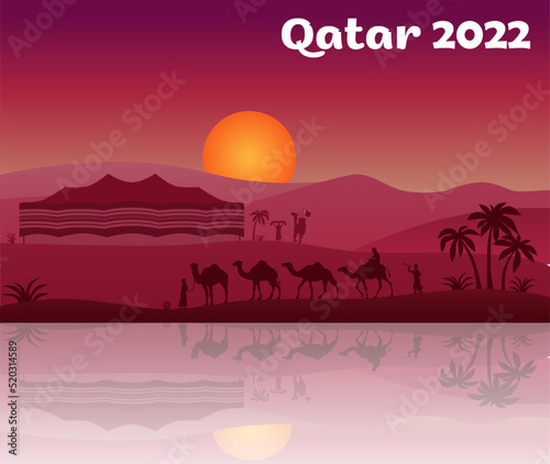 Football world championship. Landscape of arabic desert.  Bedouins caravan