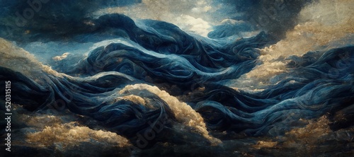 Vast panoramic fantasy cloudscape in cobalt and sapphire blue colors, mesmerizing flowing ocean of surreal fabric folds stylized in renaissance inspired oil paint. photo