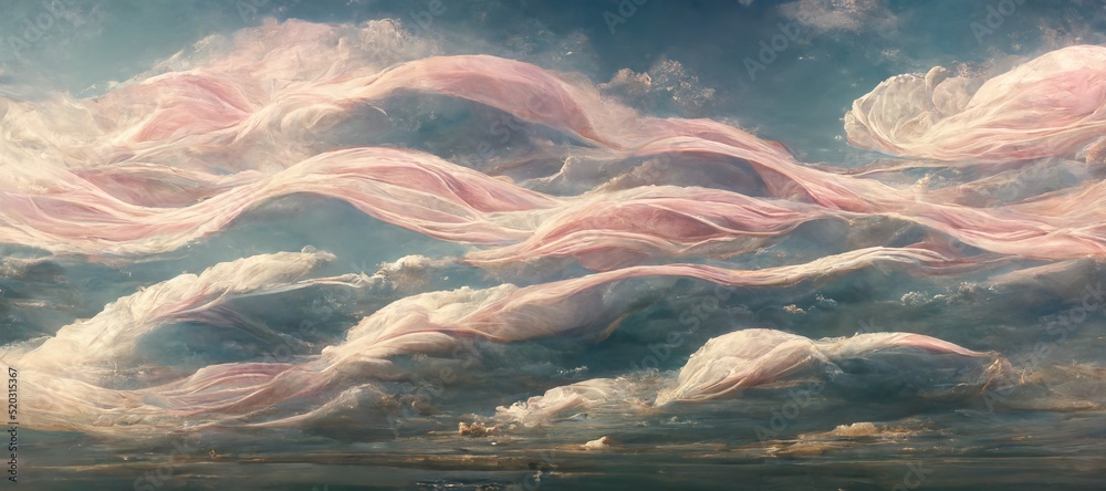 Vast panoramic fantasy cloudscape in light pink colors, mesmerizing flowing ocean of surreal fabric folds stylized in renaissance inspired oil paint.